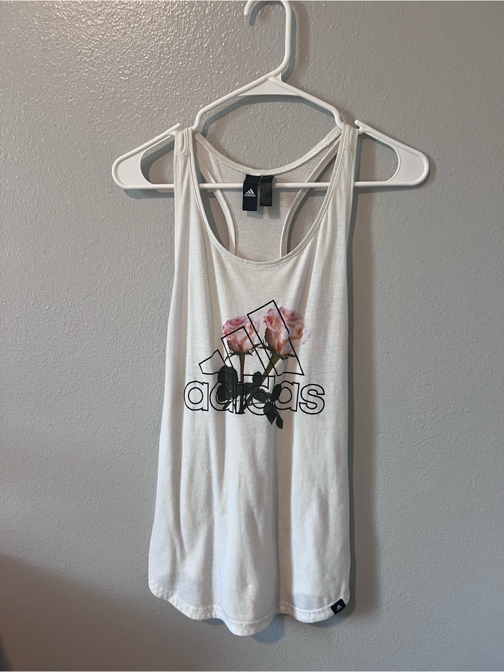 adidas White Racerback Tank with Pink Floral Logo